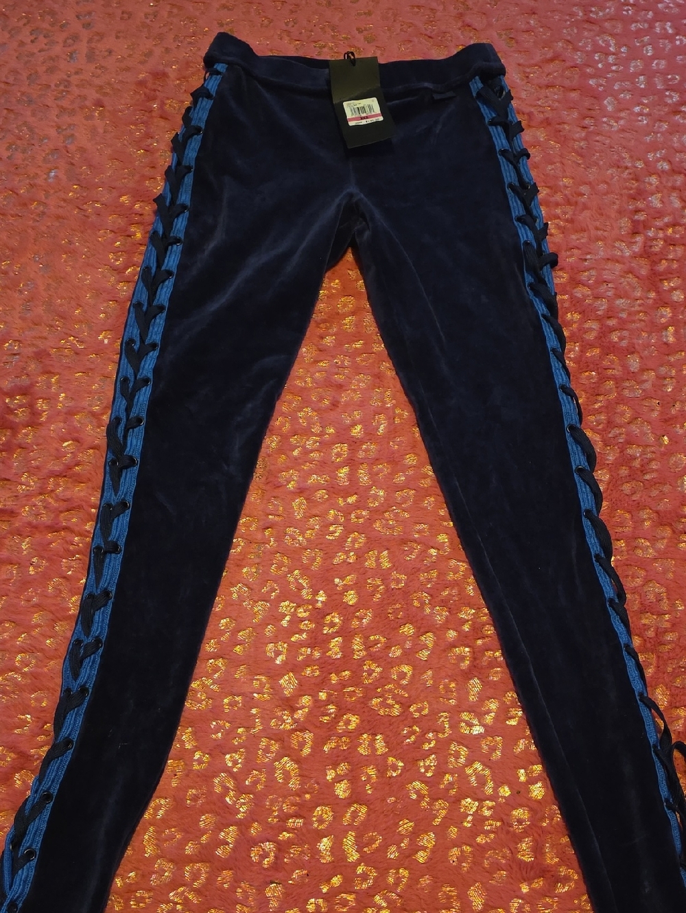 Velvet Side-Lace Up Navy Leggings